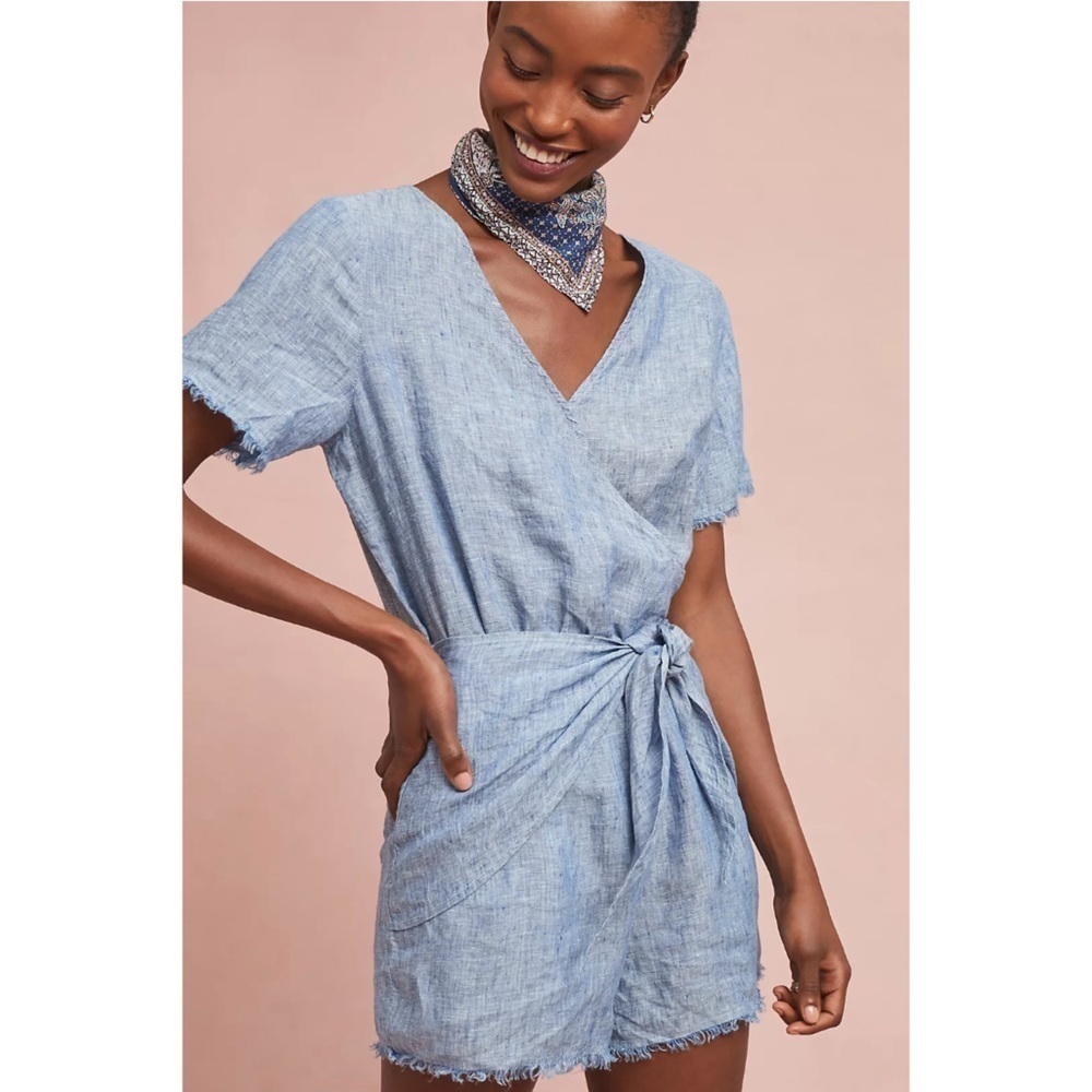 Sanctuary x Anthropologie | Montana 100% Linen Romper Size XS Blue Chambray